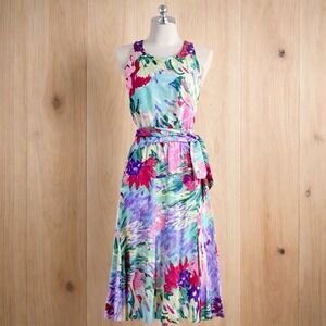 Vintage Liberty House Young Hawaii Dress S Bright Watercolor Floral Belted Midi